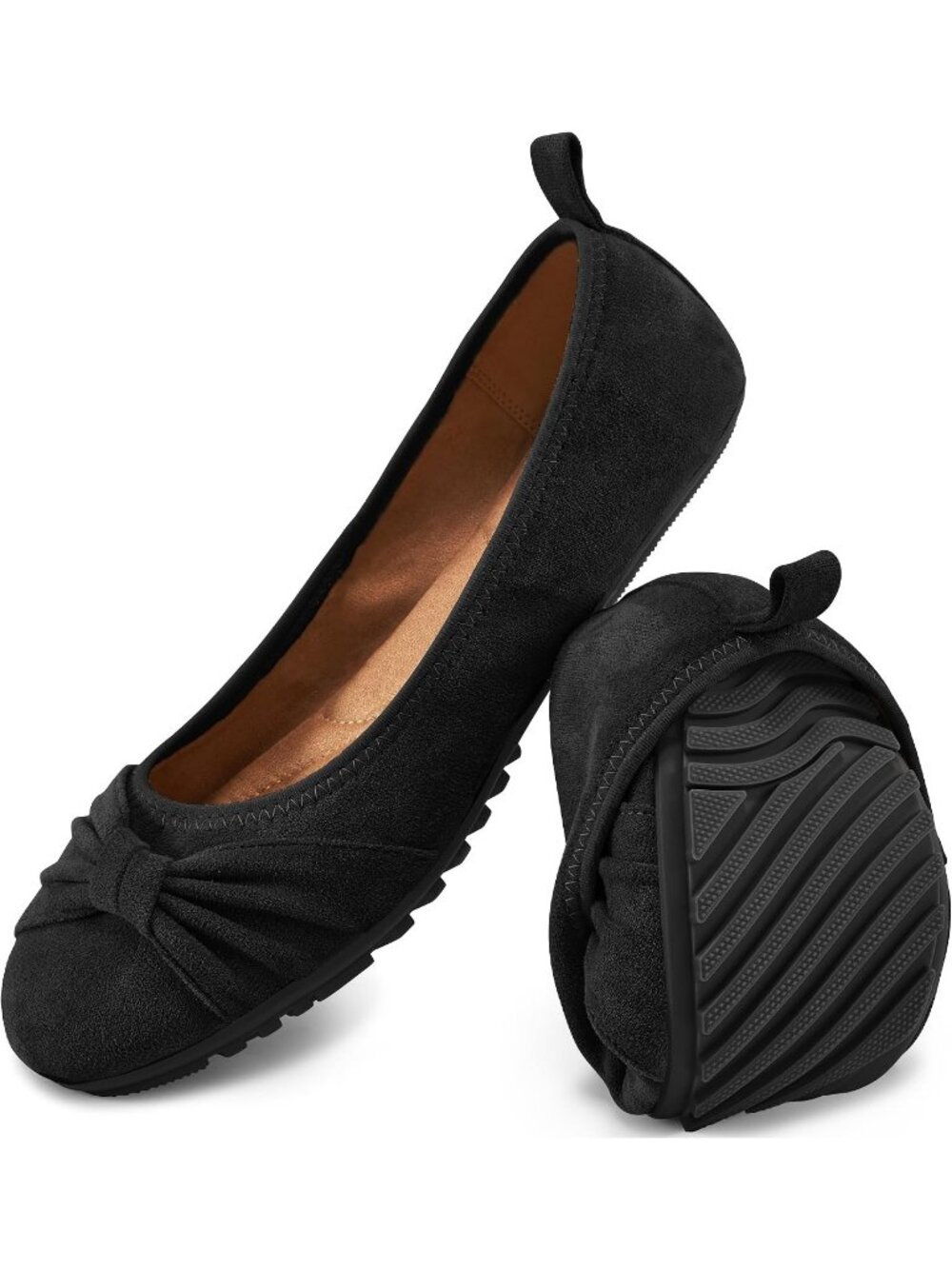 Women's Black Ballet Flats Cushioned Foldable Slip On Work Comfort Dressy Shoes - Picture 1 of 6